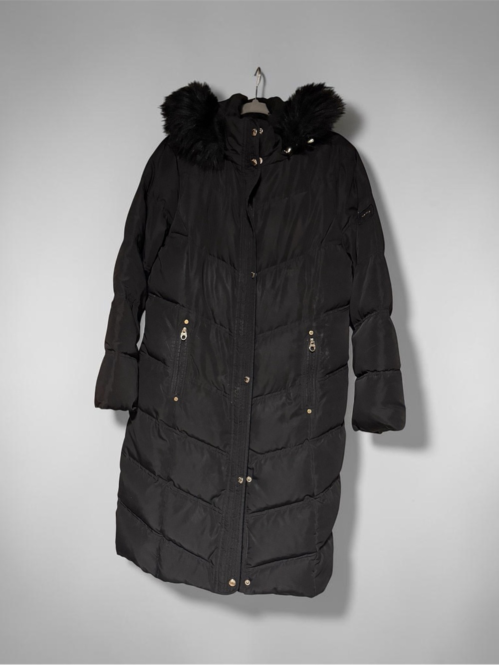 Calvin Klein Black Long Puffer Coat with Faux Fur Trim